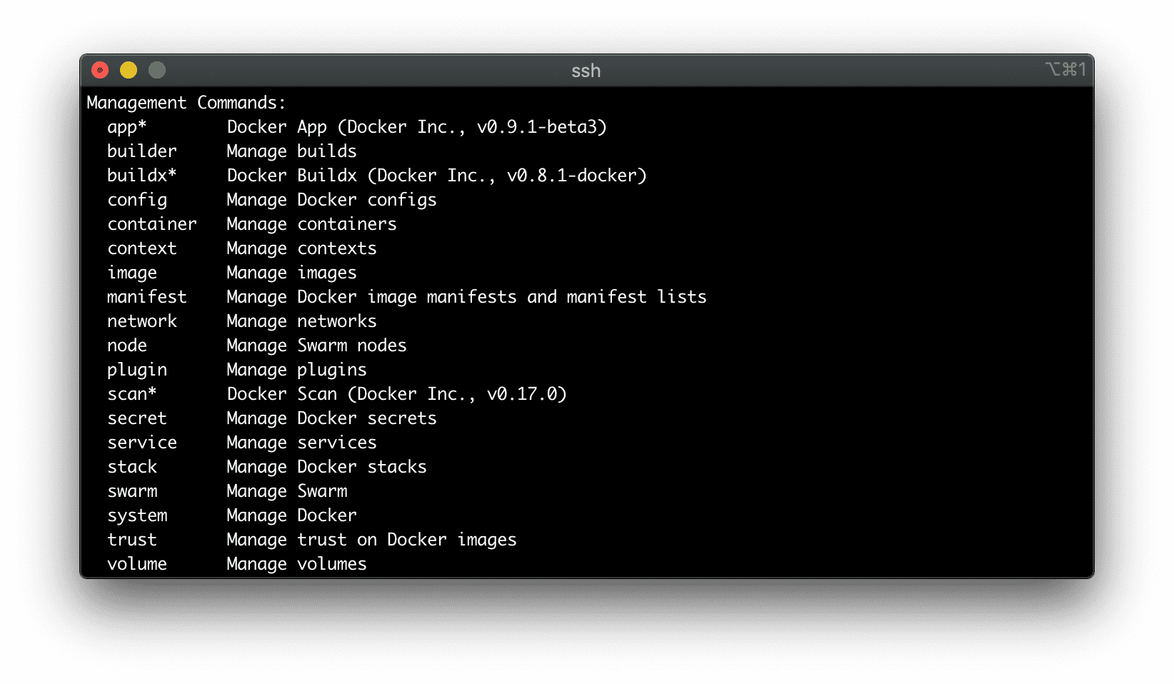 The list of Docker Management Commands.