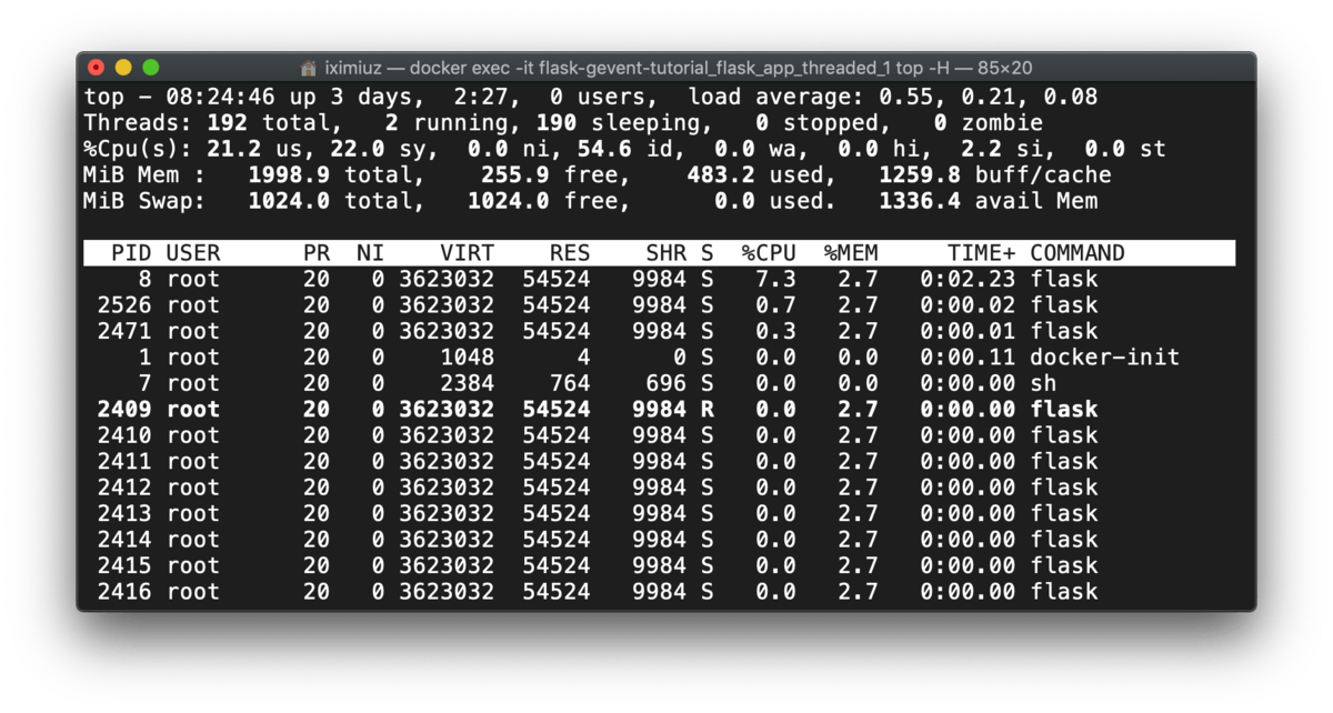 top -H output: flask built-in dev server (multi-threaded) - processes and threads.