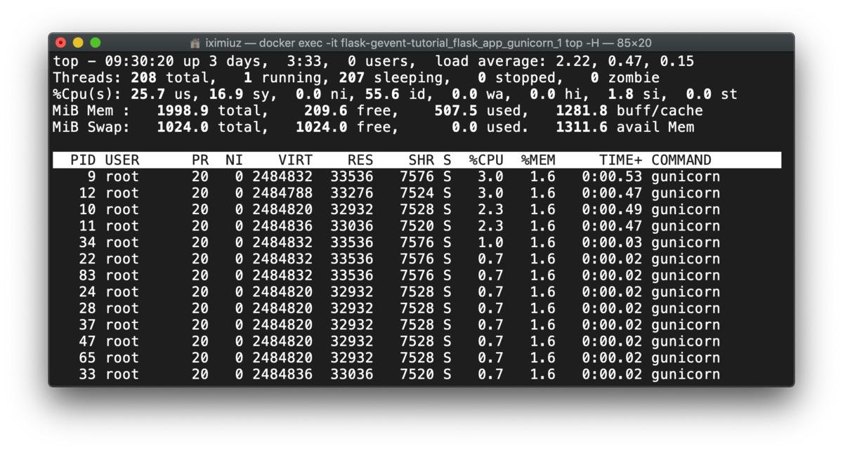 top -H output: flask + gunicorn - processes and threads (during test).