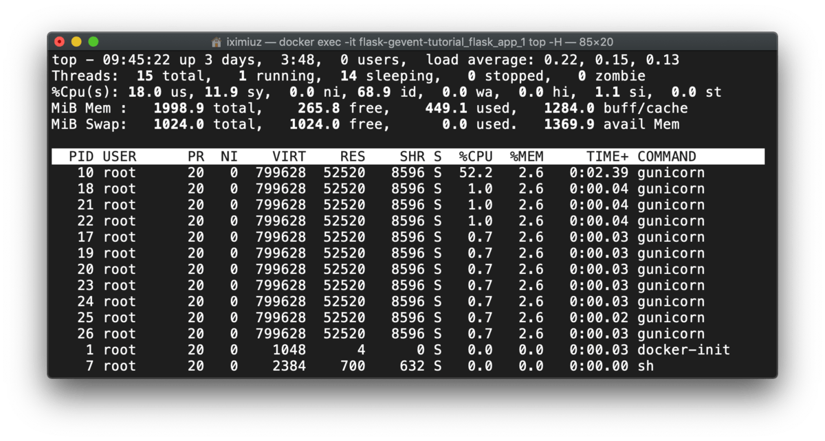 top -H output: flask + gunicorn + gevent - processes and threads (during test).