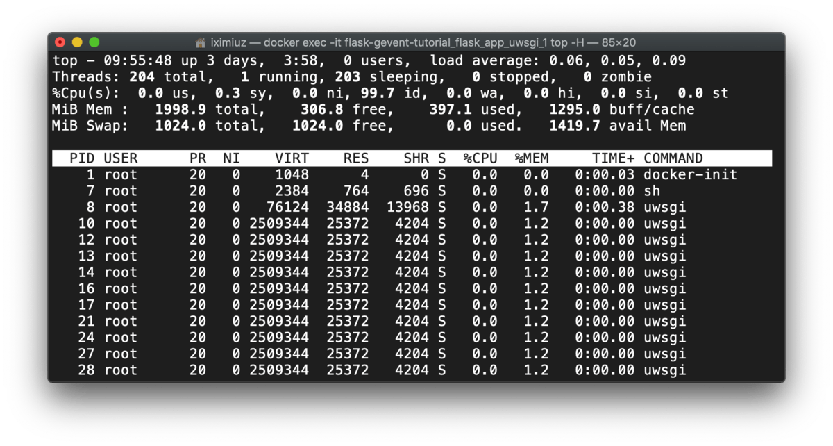 top -H output: flask + uwsgi - processes and threads (before test).