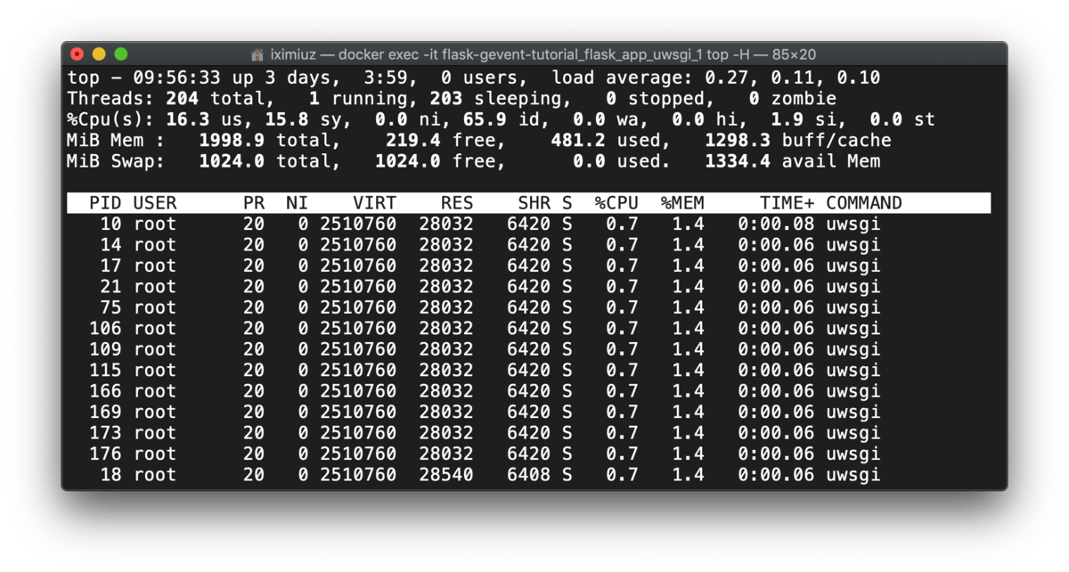 top -H output: flask + uwsgi - processes and threads (during test).