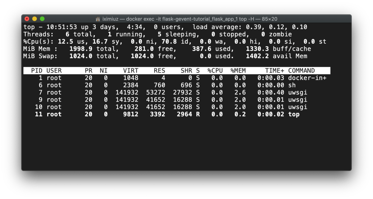 top -H output: flask + uwsgi + gevent - processes and threads (before test).