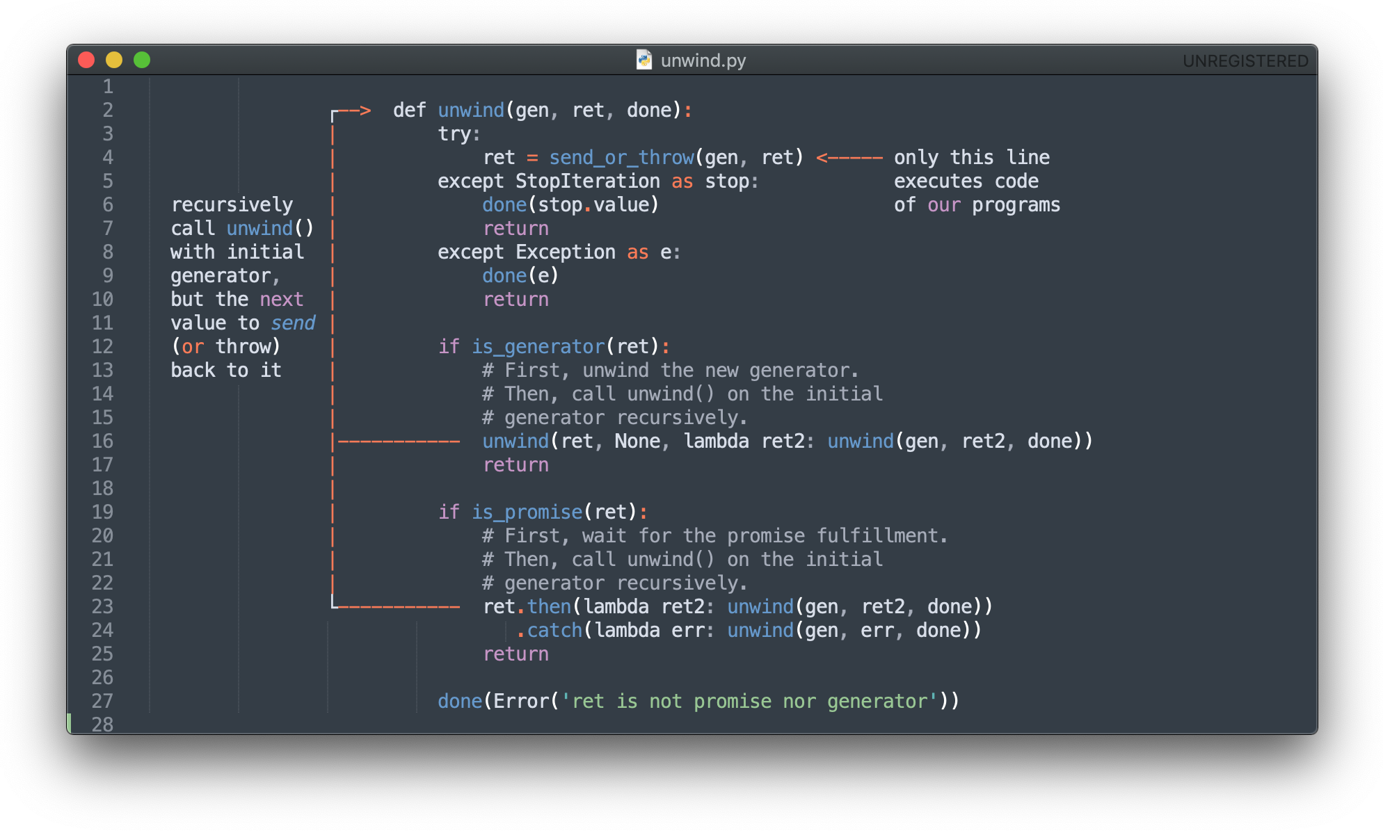Generator unwind (code snippet).