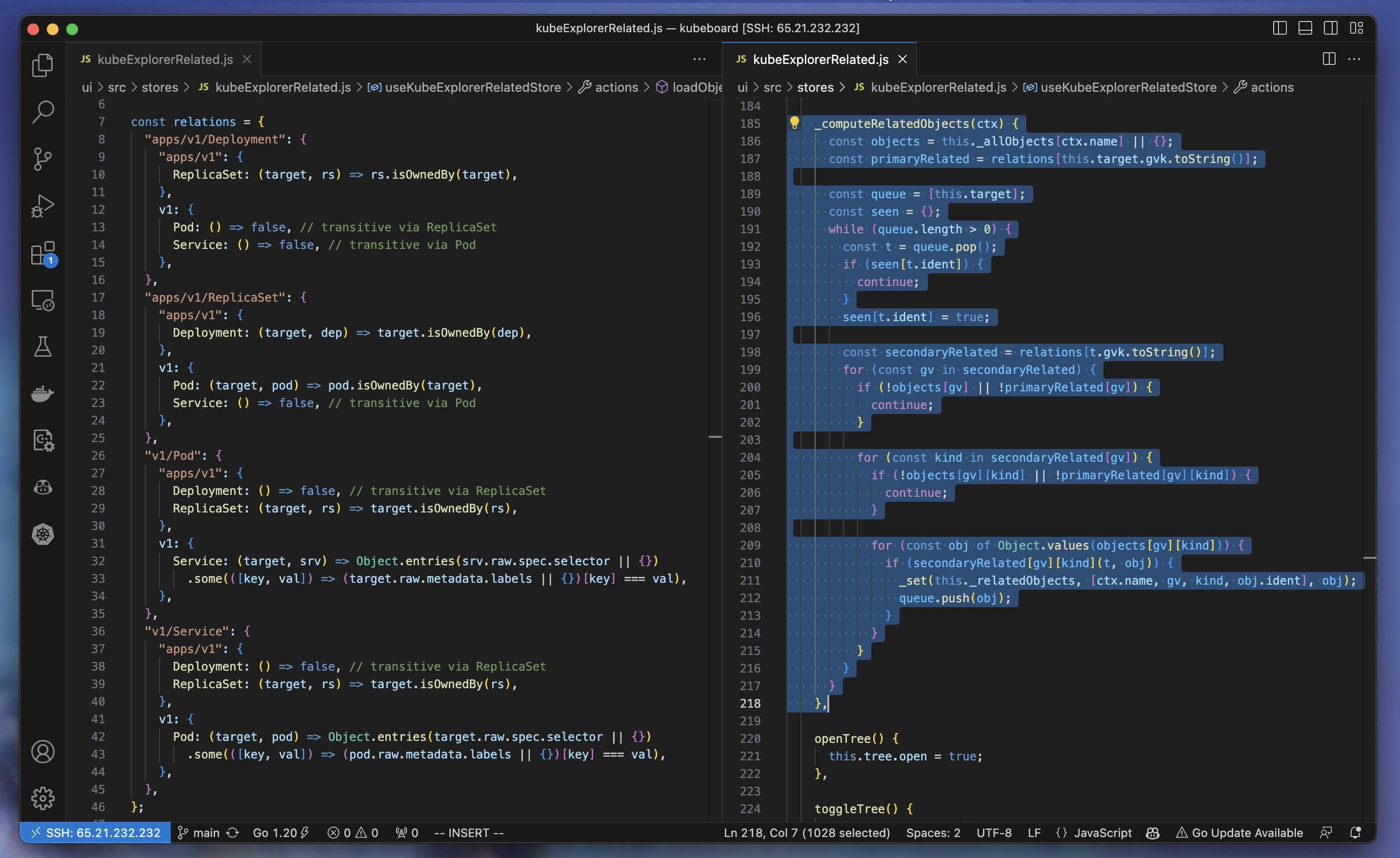 Kubernetes related objects graph computed in JavaScript.