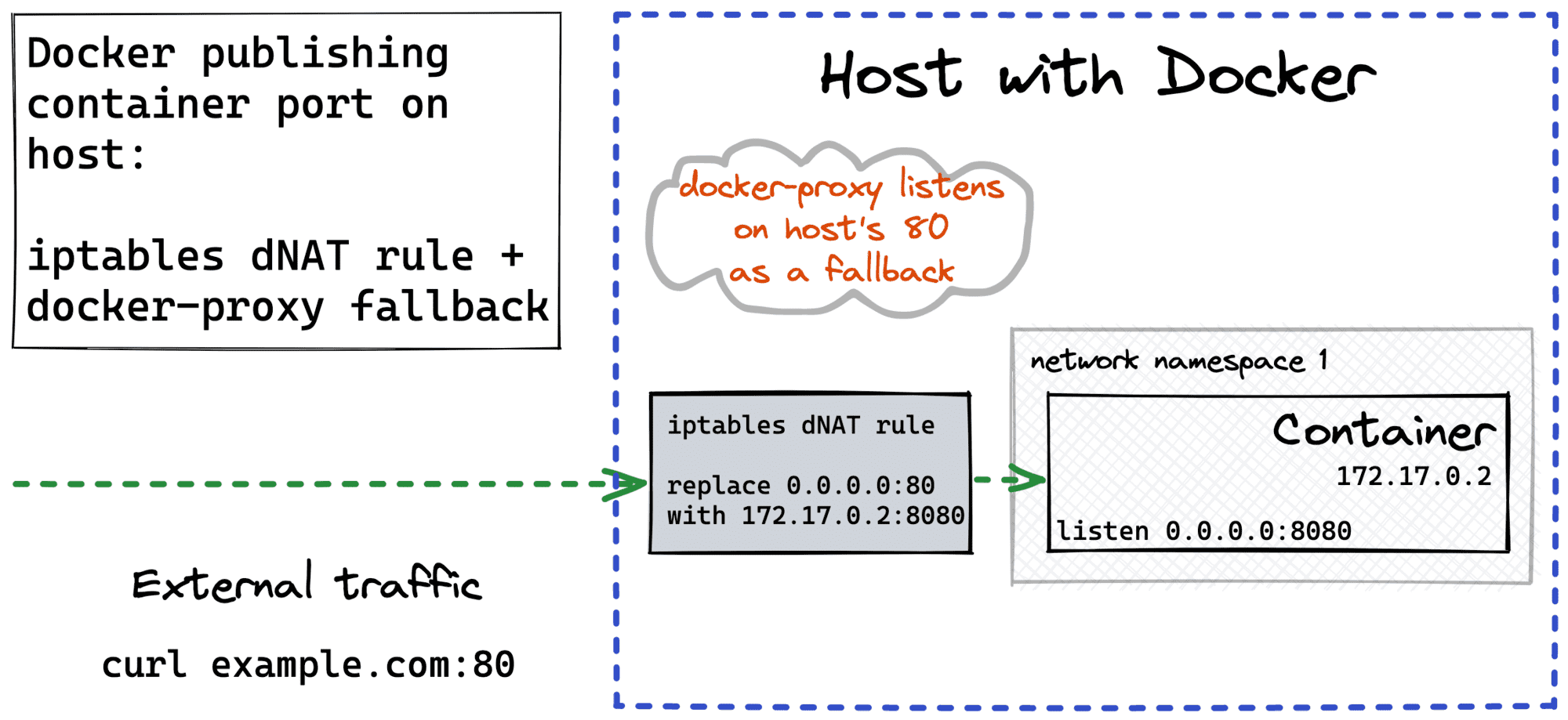 Docker publishes container port on the host.